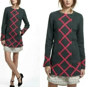 Anthropologie Elevenses Embroidered Military Dress Coat Emerald + Hot Pink